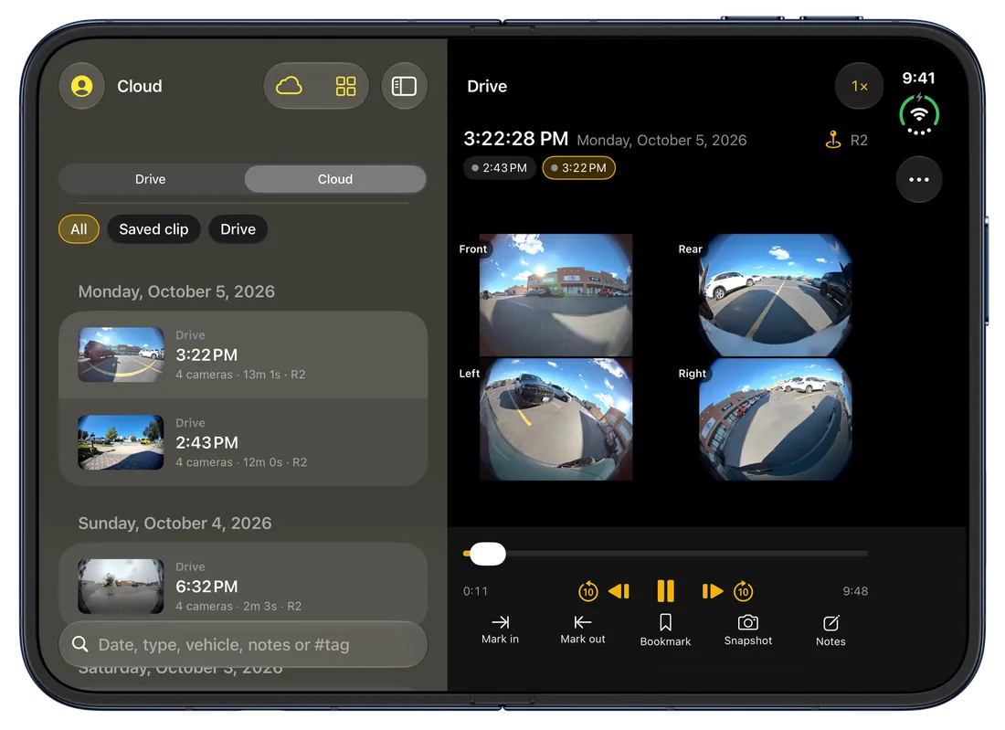 Overlook on an unfolded iPhone Duo: the library on the left and the four-camera player on the right