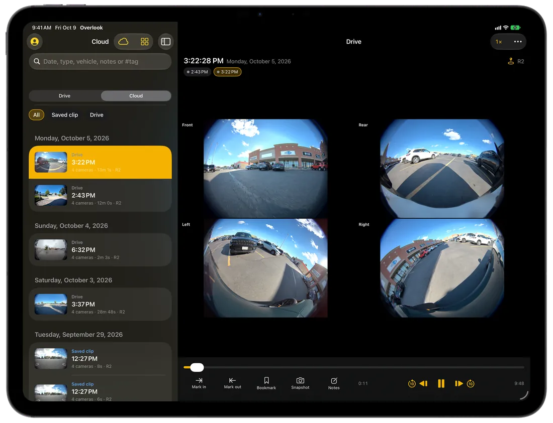 Overlook on iPad in landscape: the recordings library beside the four-camera player