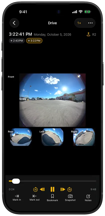 Overlook on iPhone with the front camera enlarged and the rear, left and right cameras below it