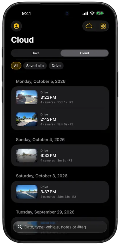 Overlook on iPhone: the library of drives grouped by day, with filters and search