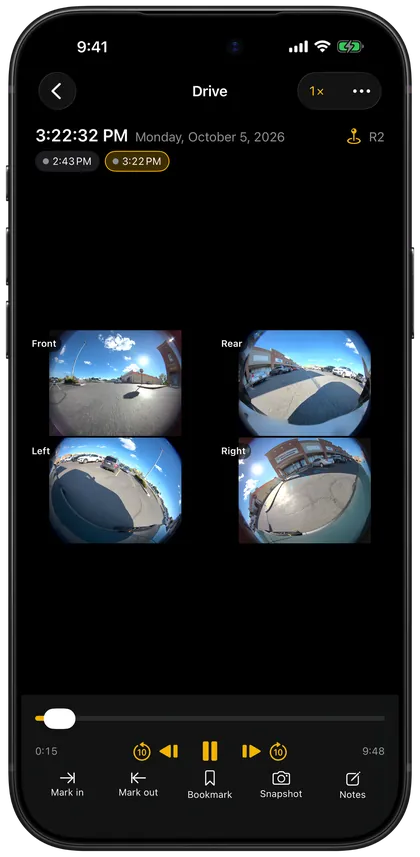Overlook on iPhone: four cameras of the same drive in a grid